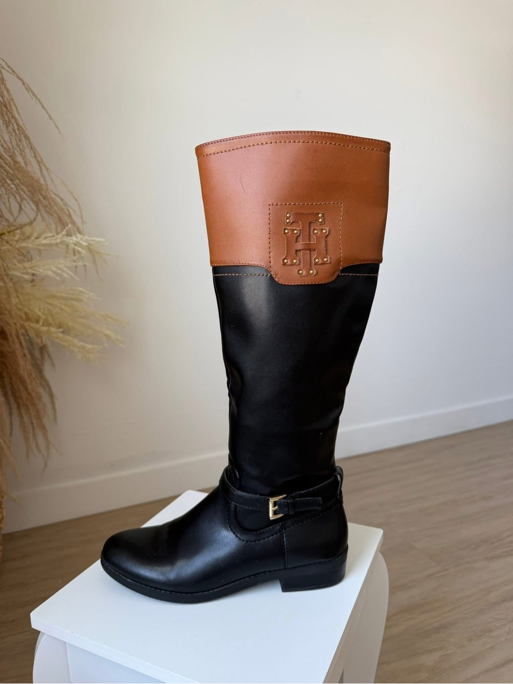 Tommy Hilfiger Black and Cognac Two-Tone Riding Boots